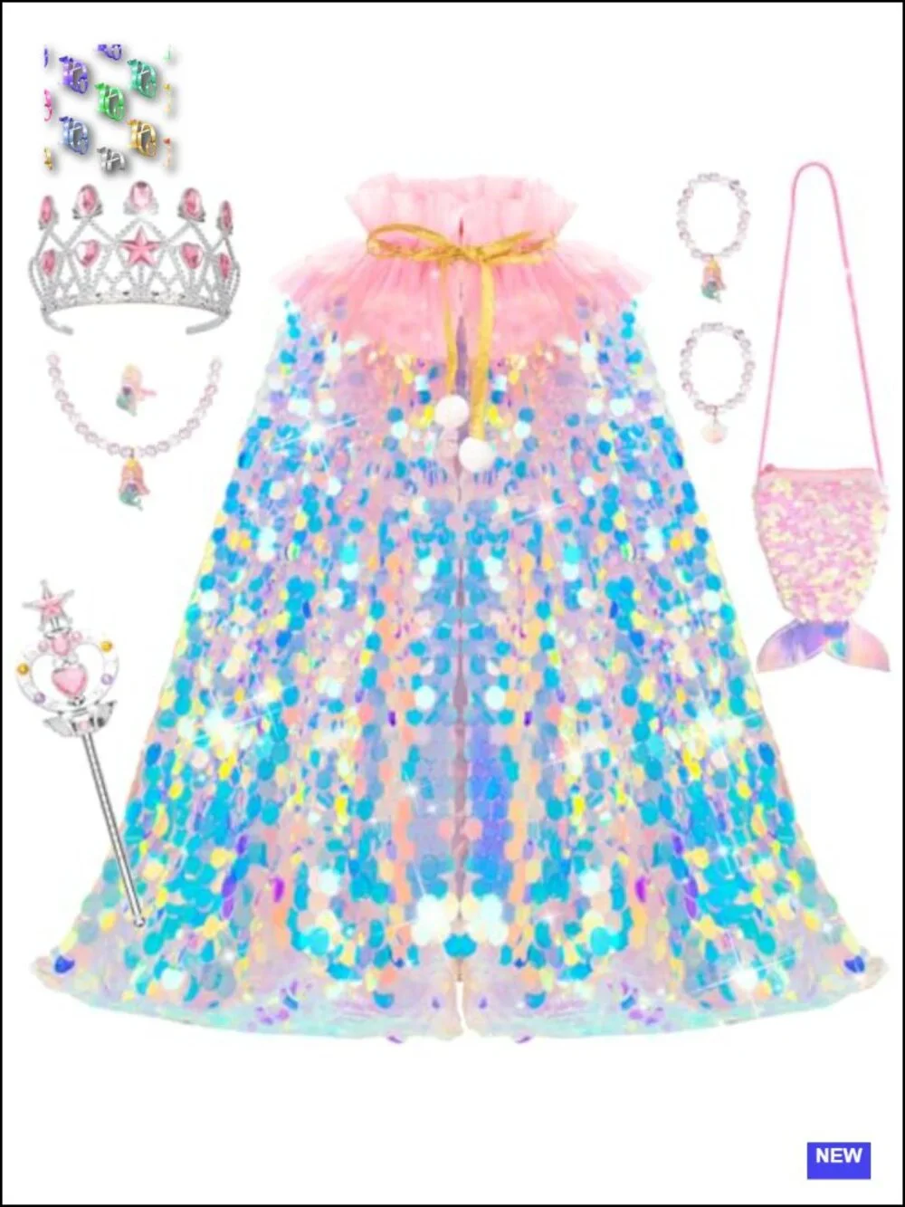Mermaid Cape Dress Up Costume for Girls Ages 3-8 with Accessories, Halloween,